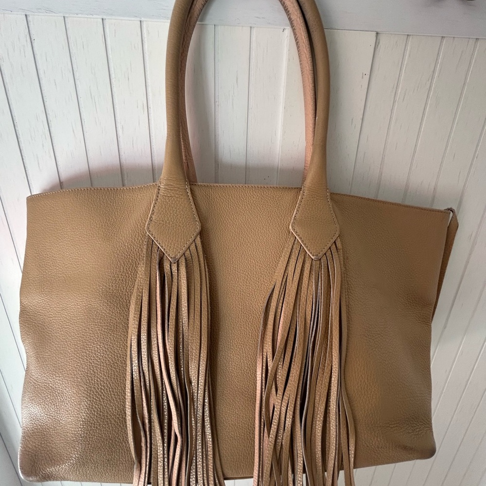 Tan Leather Fringe Tote Bag